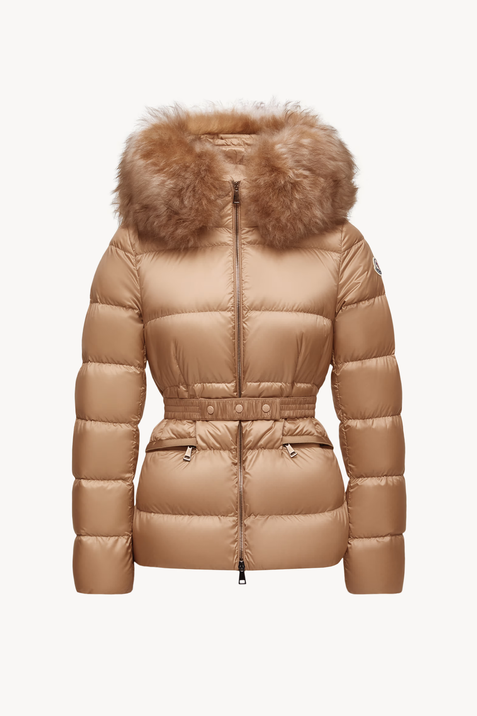 Plumífero corto con capucha y ribete de lana de oveja joven Boed Mujer Beige Camel Moncler 2